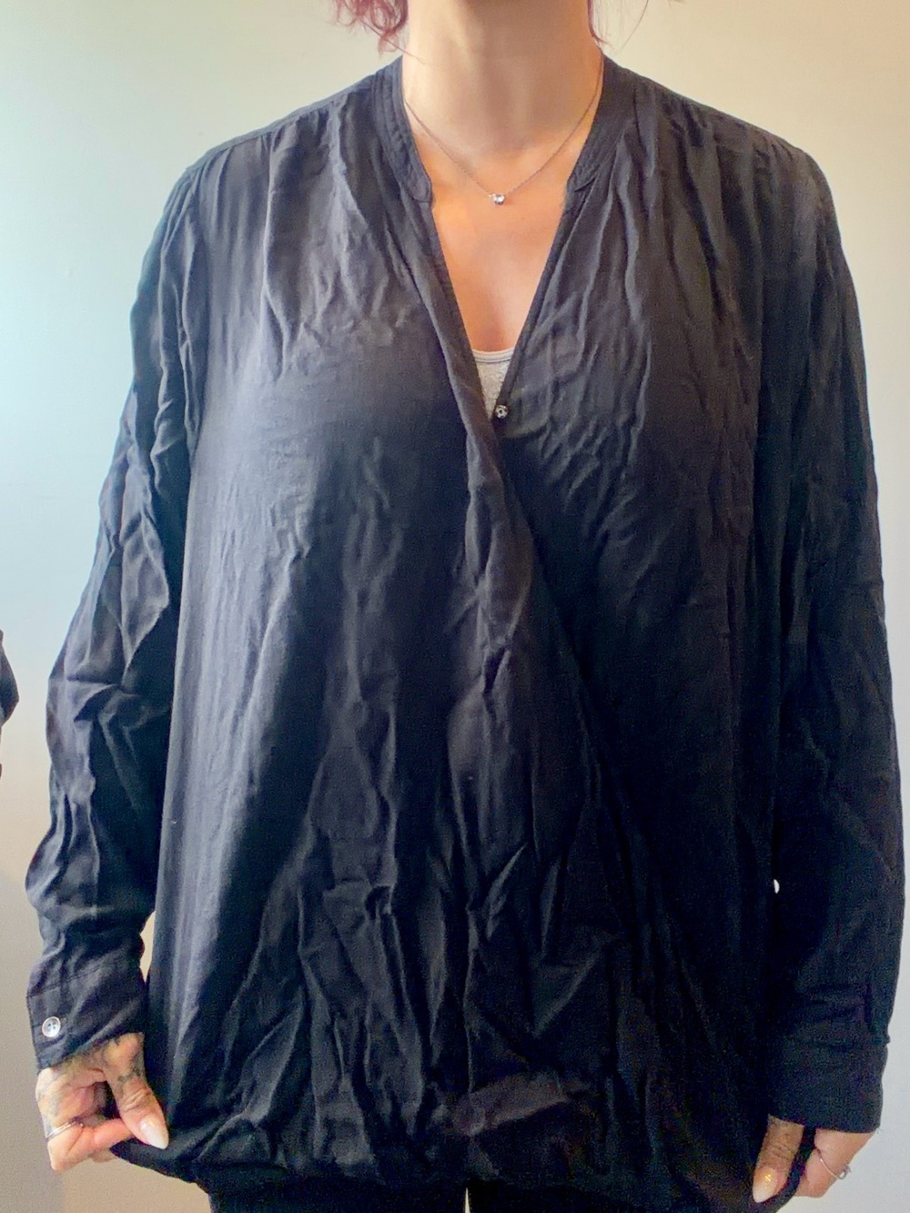 Terra & Sky 2X (20W-22W) Women's Black Drape Top Long Sleeves‎ with Buttons